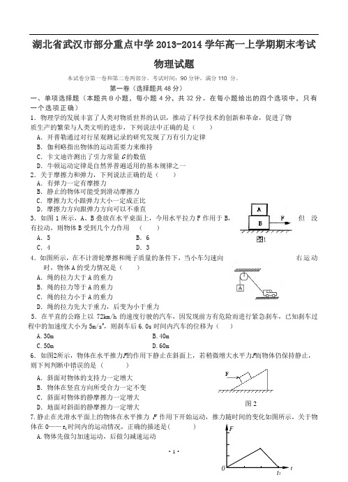 湖北省武汉市部分重点中学2013-2014学年高一上学期期末考试 物理试题