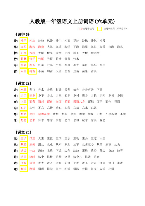 人教版一年级下册语文词语六单元精简版