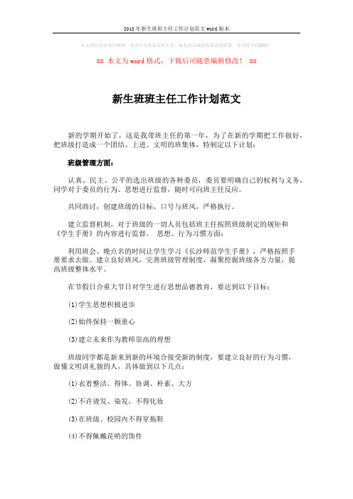 2018年新生班班主任工作计划范文word版本 (4页)