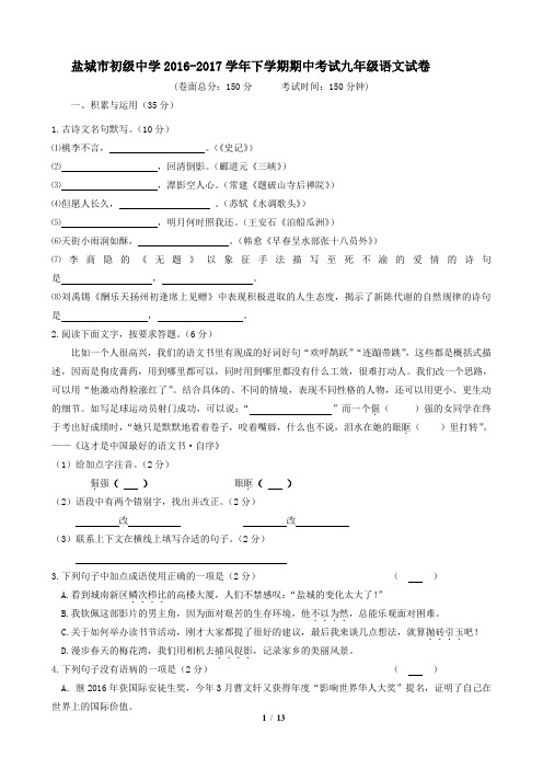 盐城市初级中学2016-2017学年下学期期中考试九年级语文试卷(已打印)