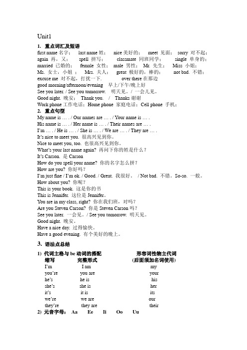 剑桥国际英语教程入门级unit1-2重点