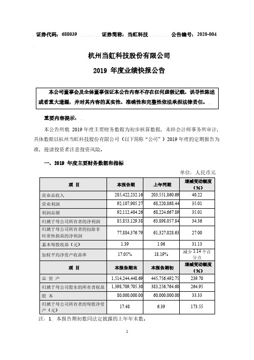 当虹科技：2019年度业绩快报公告