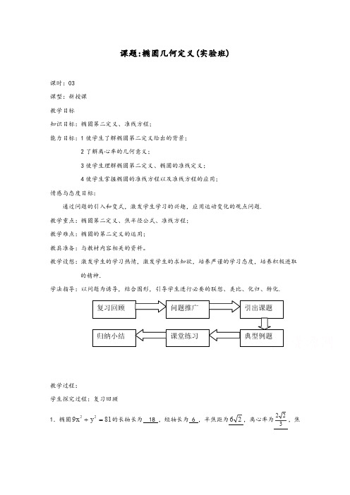 【精品教学设计】人教A版选修2-1高二数学教案：第二章 圆锥曲线与方程 2.3~03《椭圆第二定义》教案