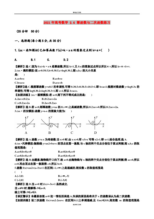 2021年高考数学 2.6 幂函数与二次函数练习