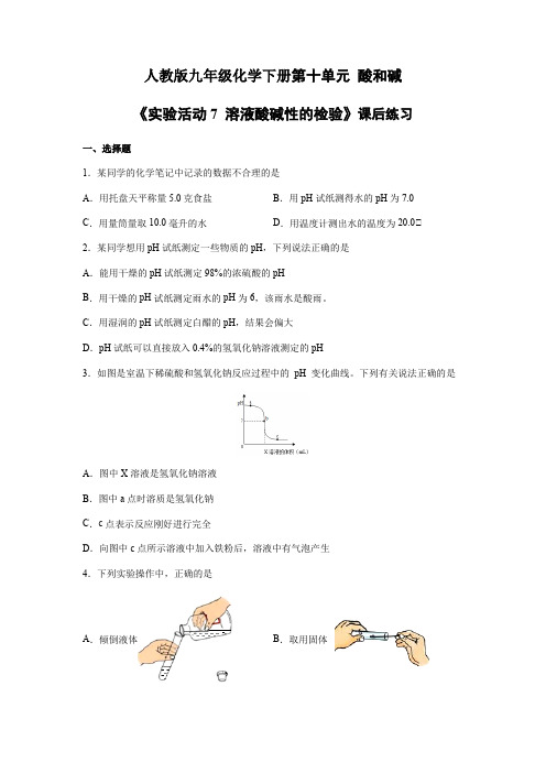 2023-2024学年初中9年级化学人教版下册课时练《第十单元实验活动7 溶液酸碱性的检验》