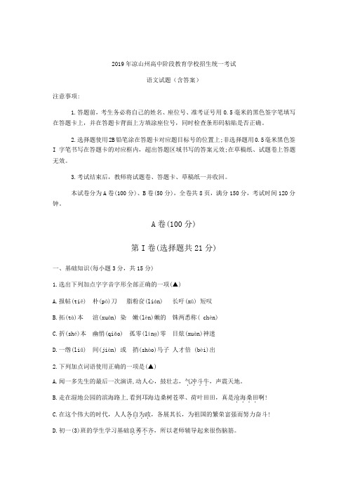 2019年四川省凉山州中考试语文试题(含答案)