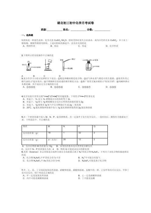 湖北初三初中化学月考试卷带答案解析
