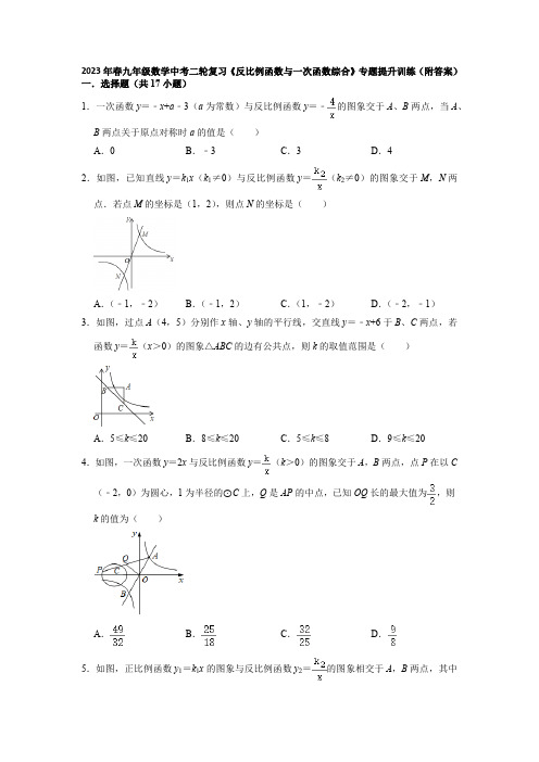 2023年+九年级数学中考二轮复习专题提升训练 反比例函数与一次函数综合(含答案)