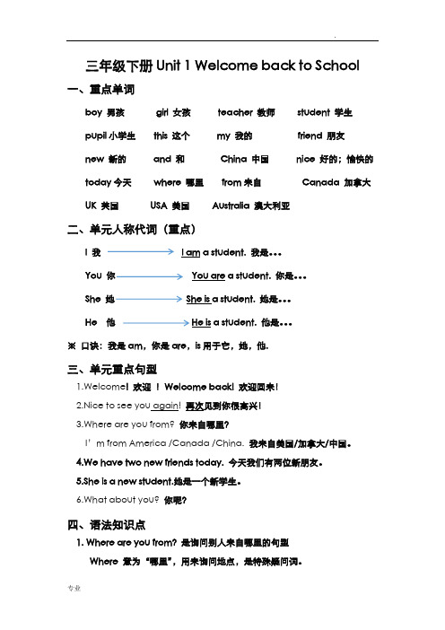 最新人教版pep英语三年级下册单元知识点归纳