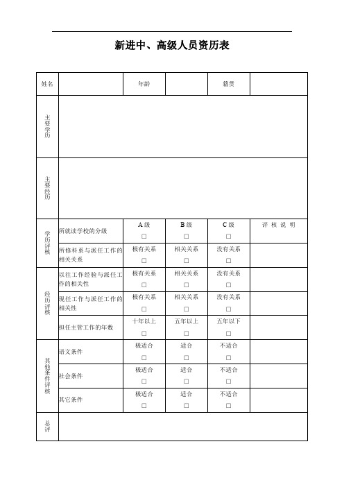 新进中、高级人员资历表