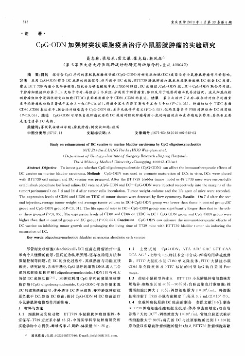 CpG—ODN加强树突状细胞疫苗治疗小鼠膀胱肿瘤的实验研究