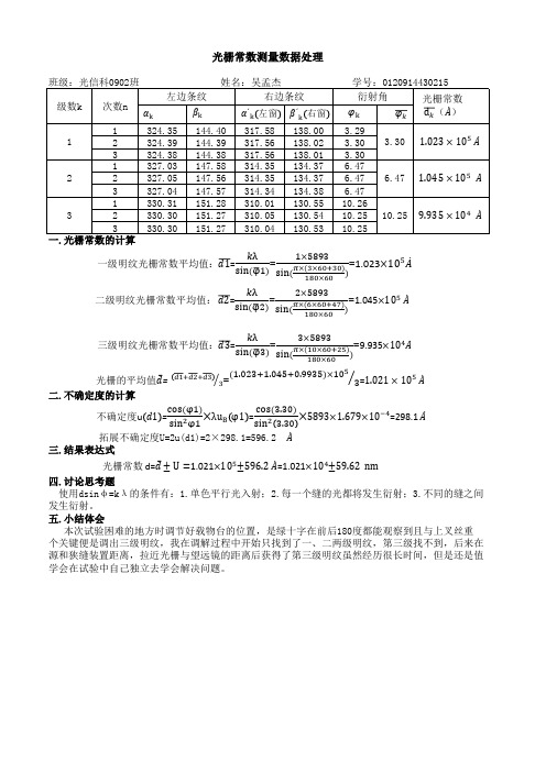 光栅常数测量数据记录