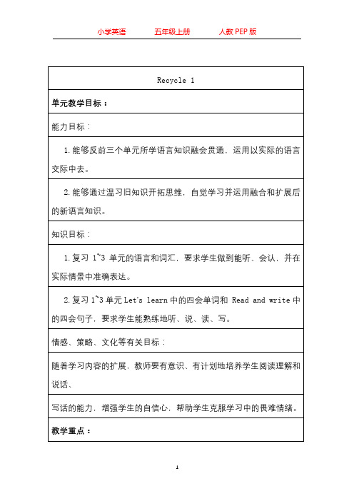 人教PEP版五年级上册英语1-6单元全册教案(教学设计)