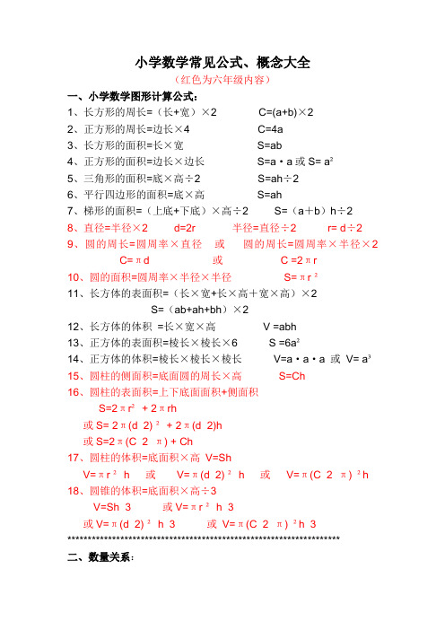 小学数学常见公式、概念等大全