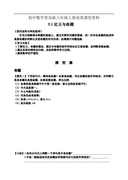 初中数学青岛版八年级上册高效课堂资料5.1定义和命题探究案