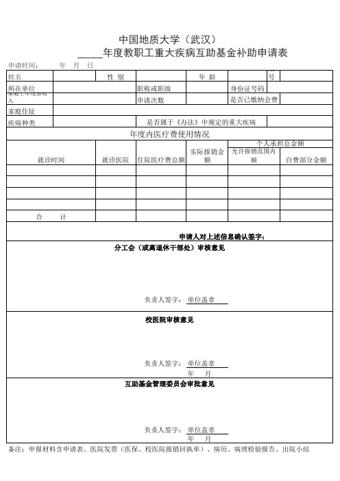 教职工重大疾病互助基金补助申请表