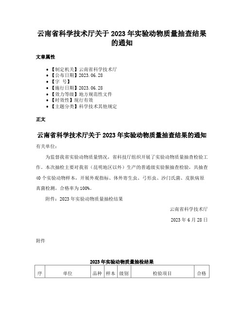 云南省科学技术厅关于2023年实验动物质量抽查结果的通知