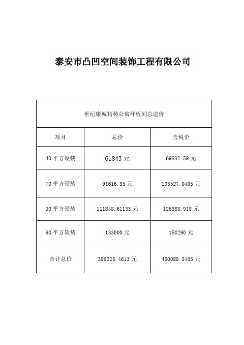 售楼处样板间装饰造价表
