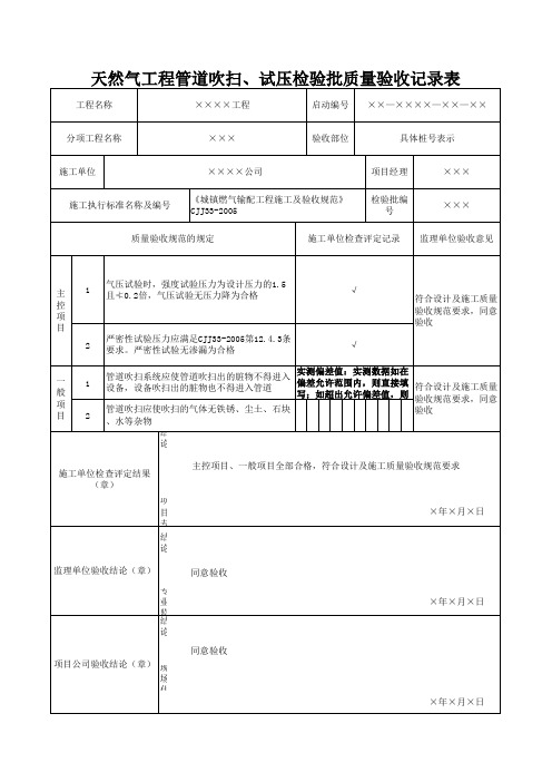 天然气工程管道吹扫、试压检验批质量验收记录表