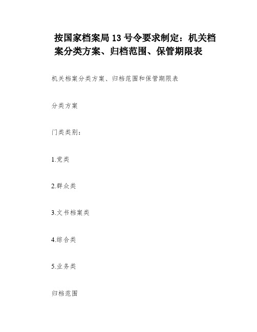 按国家档案局13号令要求制定：机关档案分类方案、归档范围、保管期限表