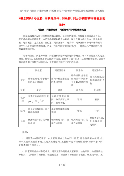 高中化学 同位素 同素异形体 同系物 同分异构体和同种物质的比较概念辨析 新人教版