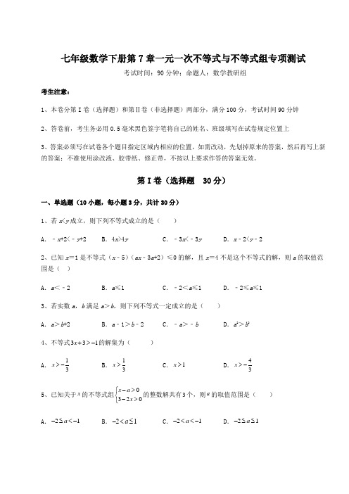 2022年沪科版七年级数学下册第7章一元一次不等式与不等式组专项测试练习题(精选含解析)