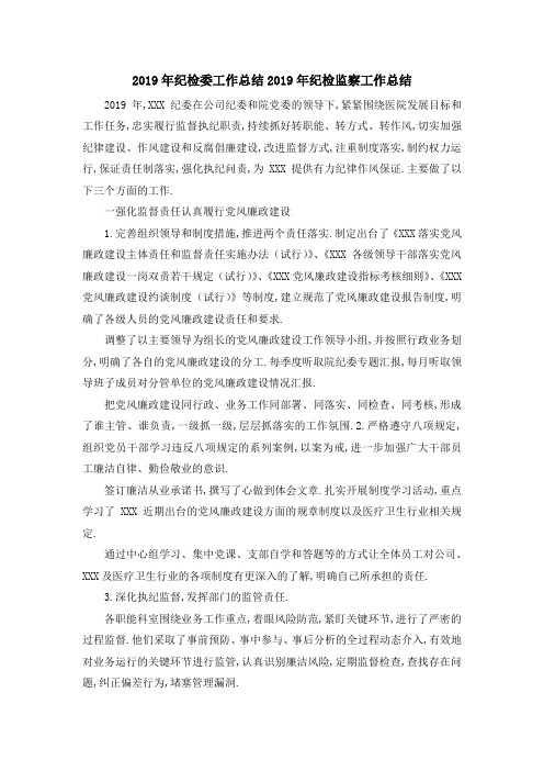 2019年纪检委工作总结 2019年纪检监察工作总结 精品