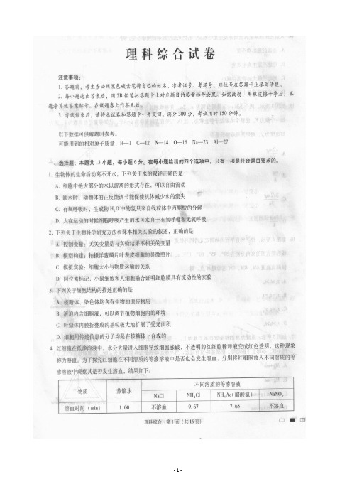 2020届贵州省贵阳市第一中学高三上学期第一次适应性考试理科综合试题 扫描版