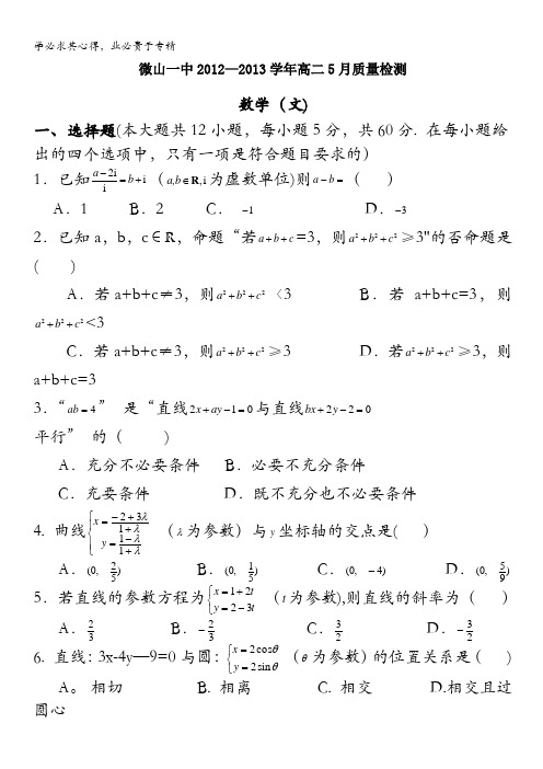 山东省济宁市微山一中2012-2013学年高二5月质检 数学文 含答案