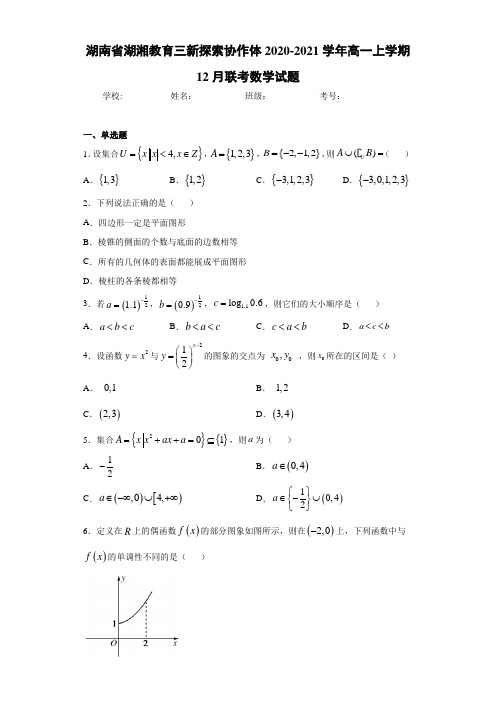 湖南省湖湘教育三新探索协作体2020-2021学年高一上学期12月联考数学试题