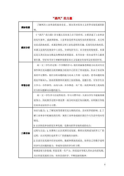2018_2019学年高中历史专题五走向世界的资本主义市场5.3蒸汽的力量教案人民版必修2