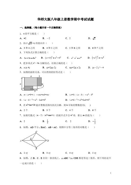 华师大版八年级上册数学期中考试试卷及答案