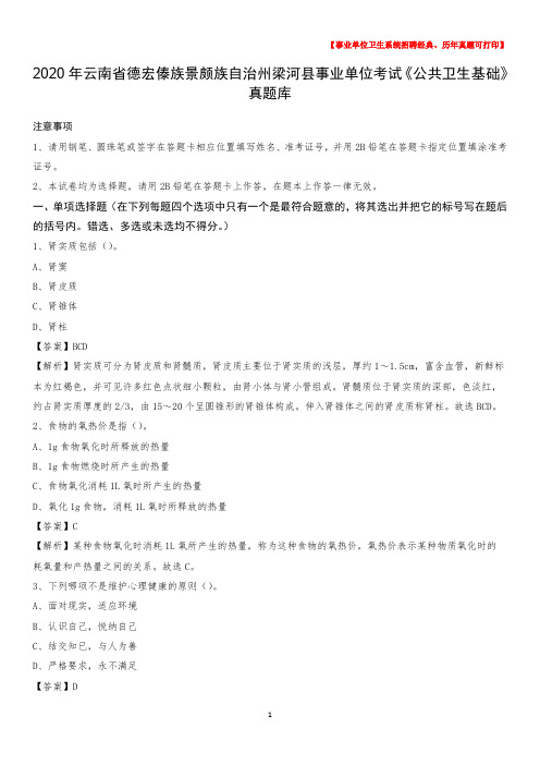 2020年云南省德宏傣族景颇族自治州梁河县事业单位考试《公共卫生基础》真题库