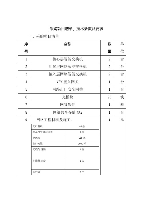 采购项目清单技术参数及要求