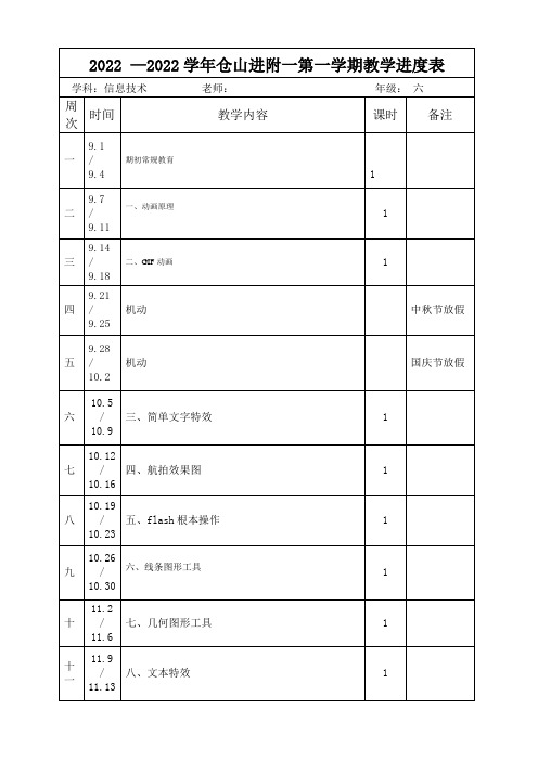 信息技术学科六年级上册教学进度表