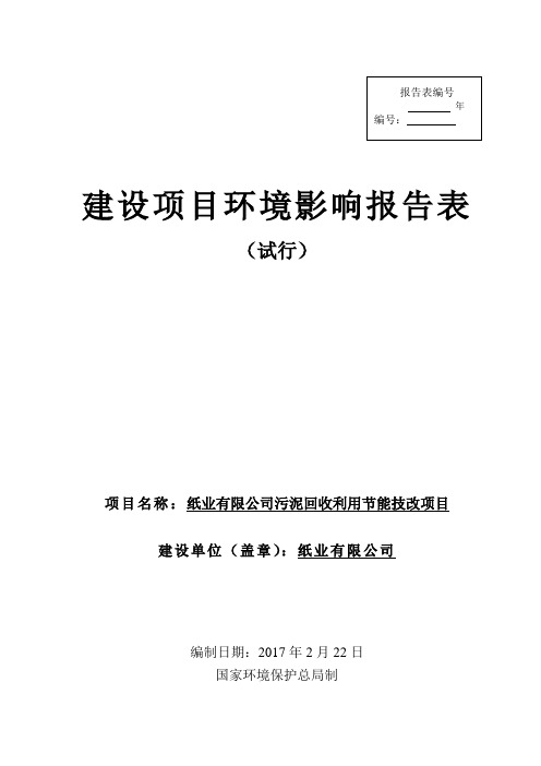 纸业有限公司污泥回收利用节能技改项目环境影响报告表