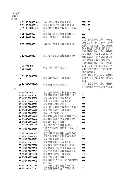 全国增值电信业务数据中心(IDC)许可证名单