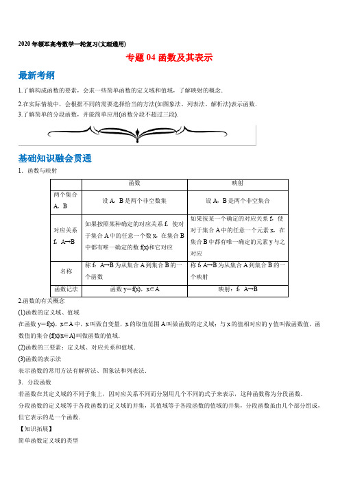 2020年领军高考数学一轮复习(文理通用)专题04 函数及其表示 含解析