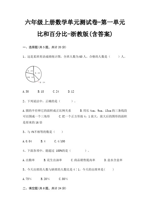 六年级上册数学单元测试卷-第一单元 比和百分比-浙教版(含答案)