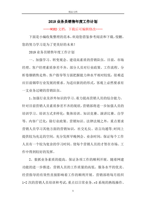 2019业务员销售年度工作计划