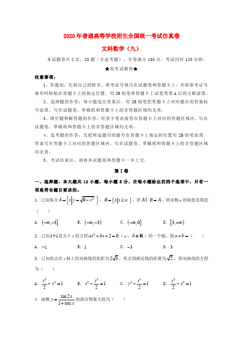 2020届普通高等学校招生全国统一考试高三数学仿真卷(九)文