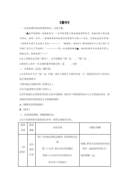 2021届中考语文一轮复习文学名著题型分类专练 专题九：《童年》