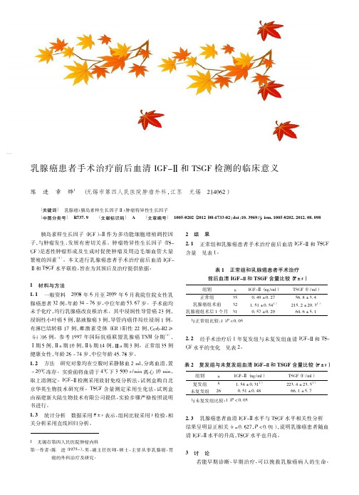 乳腺癌患者手术治疗前后血清IGF-Ⅱ和TSGF检测的临床意义