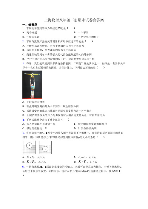 上海物理八年级下册期末试卷含答案