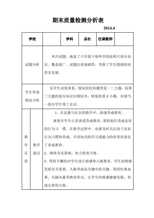 六年级品社学科期中质量分析表