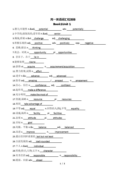 2020级高一英语必修一unit 1 词汇检测答案