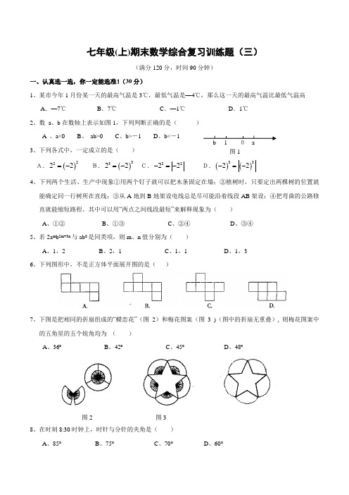 七年级(上)期末数学综合复习训练题(三)及答案