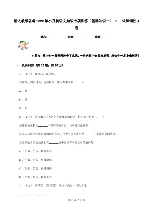 新人教版备考2020年小升初语文知识专项训练(基础知识一)：9   认识词性A卷