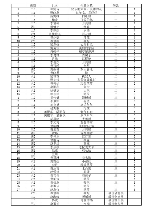 2014学年第二学期手工艺品评比获奖名单
