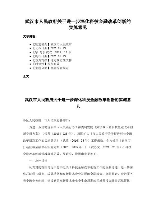 武汉市人民政府关于进一步深化科技金融改革创新的实施意见